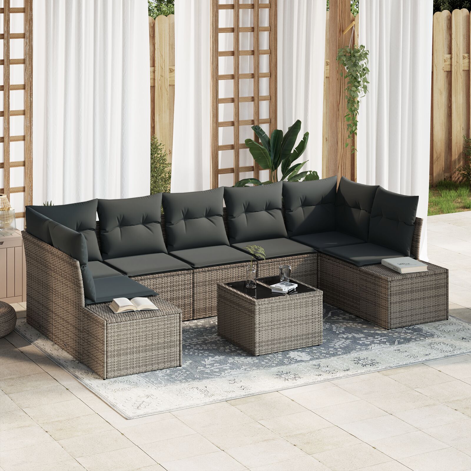 8-teiliges Garten-Sofa-Set mit Kissen Grau Poly-Rattan