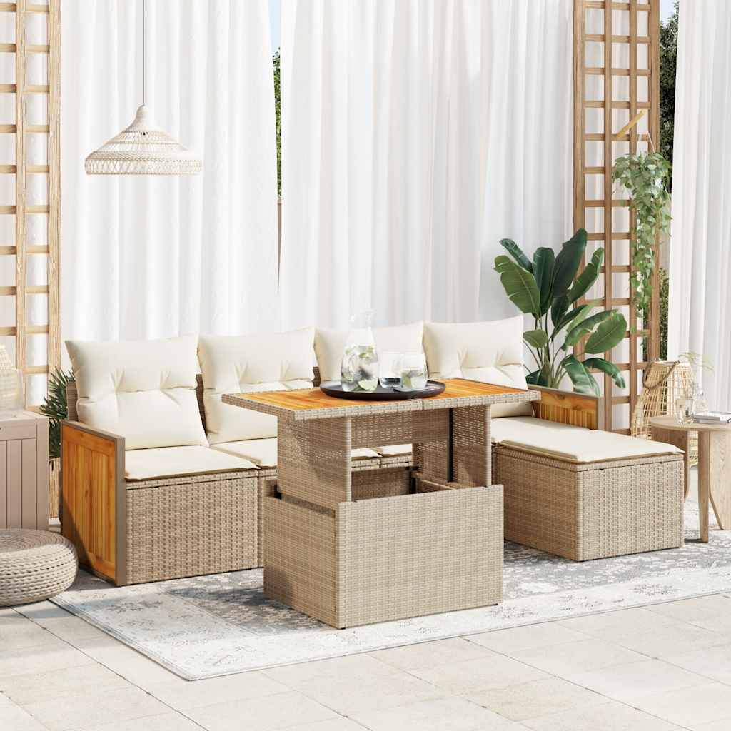 6-tlg. Garten-Sofagarnitur mit Kissen Beige Poly Rattan Akazie 6-tlg. Garten-Sofagarnitur mit Kissen Beige Poly Rattan Akazie