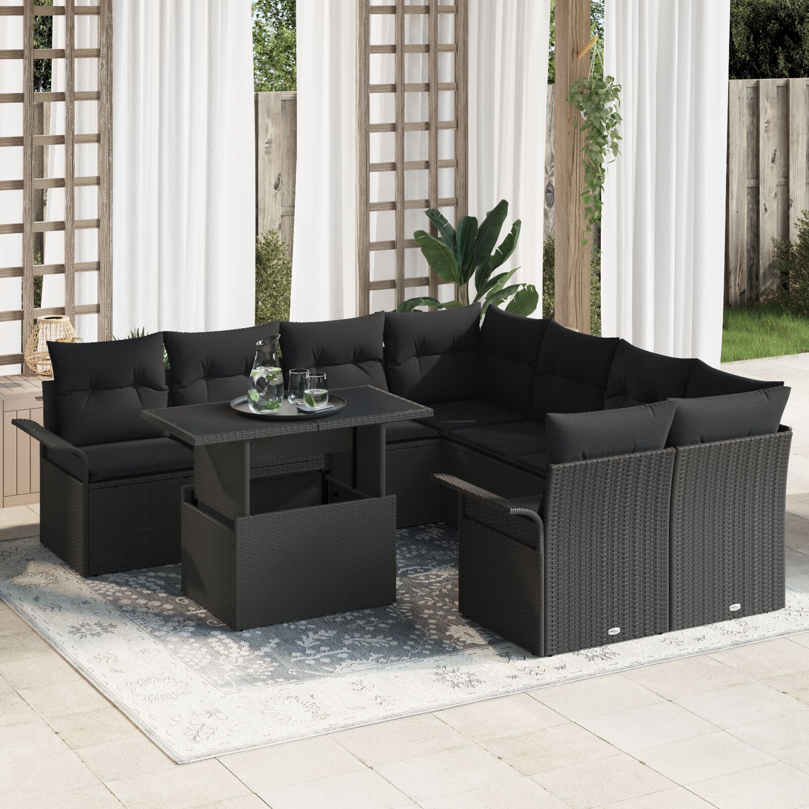 9-teiliges Garten Sofa Set mit Kissen Schwarz Poly Rattan 9-teiliges Garten Sofa Set mit Kissen Schwarz Poly Rattan
