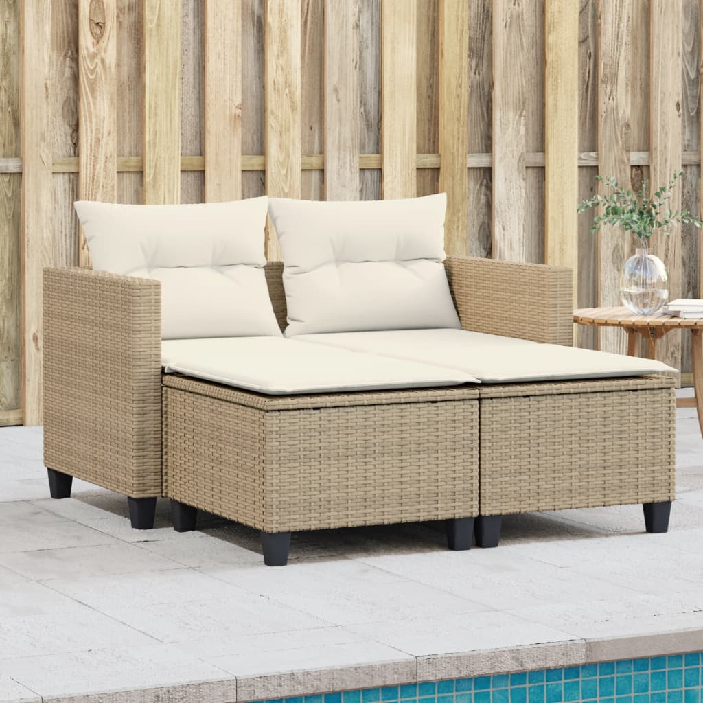 Gartensofa 2-Sitzer mit Hockern Beige Poly Rattan Gartensofa 2-Sitzer mit Hockern Beige Poly Rattan