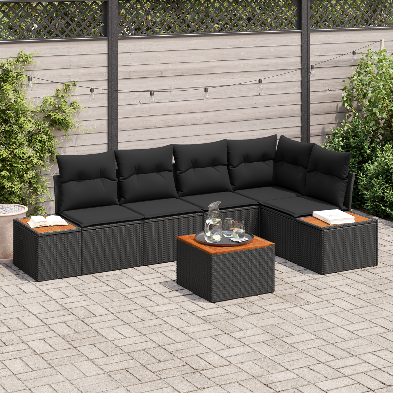 6-teiliges Garten-Sofa-Set mit Kissen Schwarz Poly-Rattan Akazie 6-teiliges Garten-Sofa-Set mit Kissen Schwarz Poly-Rattan Akazie
