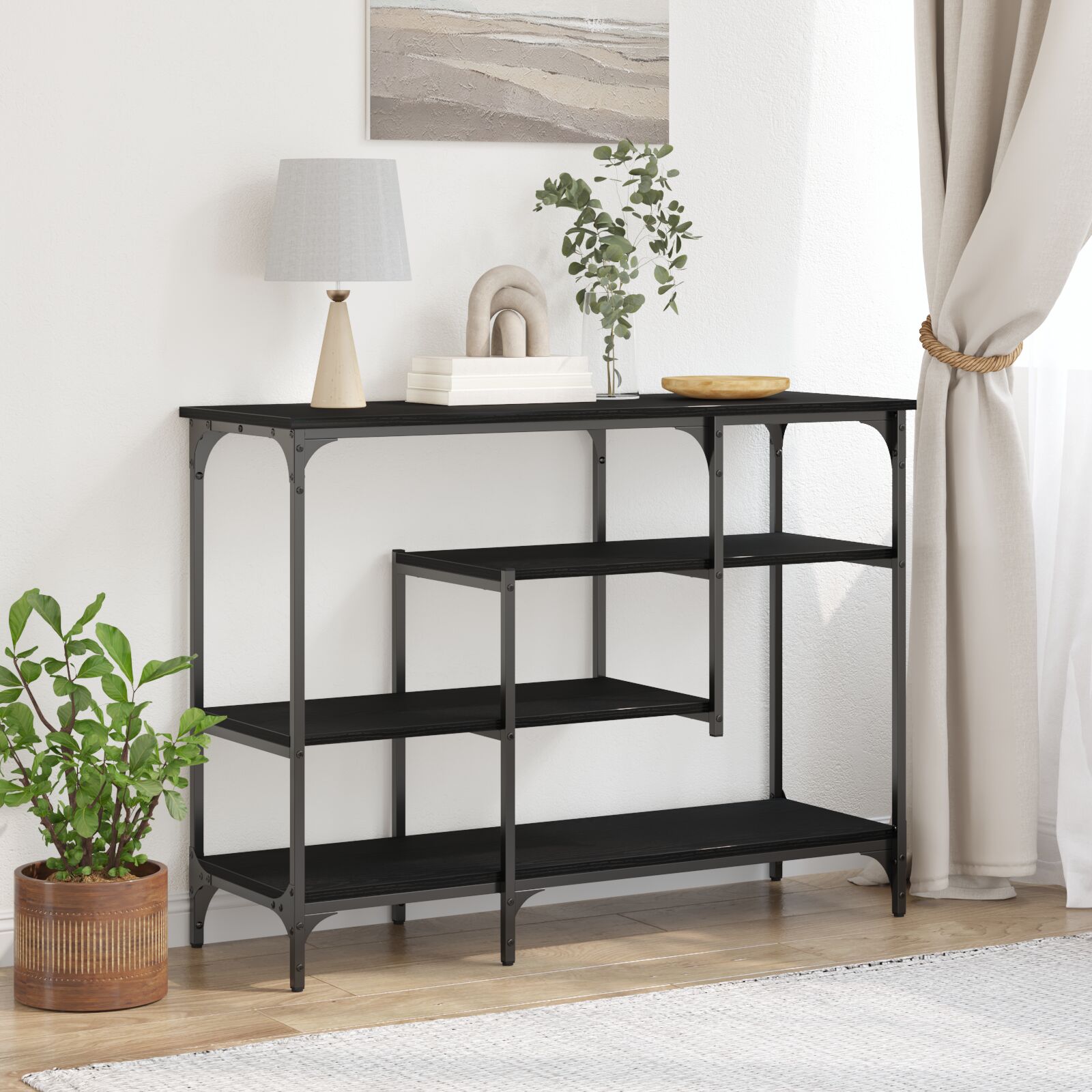 vidaXL Konsolentisch Schwarzes Eichenholz 100x35x75 cm Ingenieurholz und Stahl