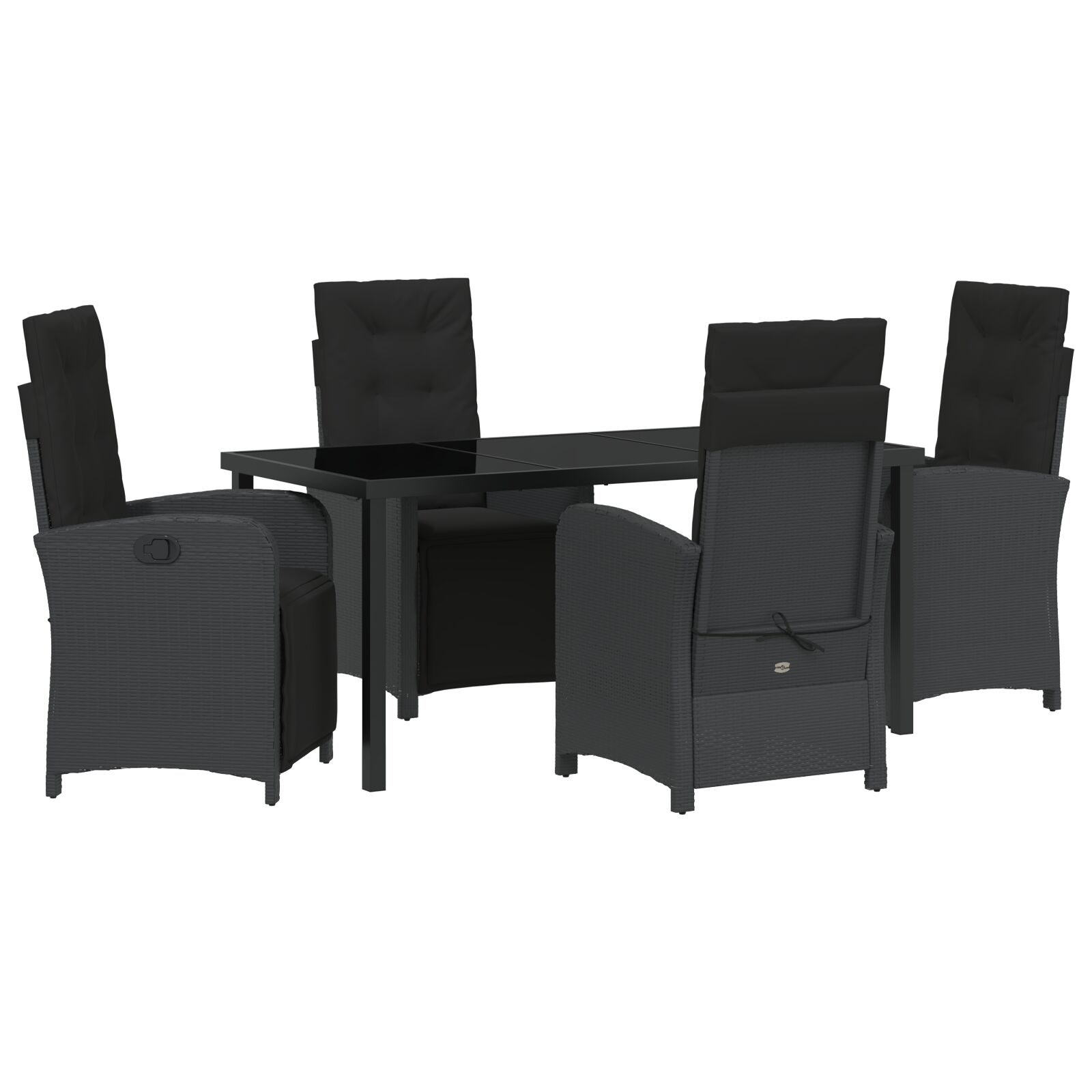 5-teiliges Garten Essset mit Kissen Schwarz Poly-Rattan, Gartentisch Schwarz 160x80x73 cm mit Sicherheitsglas