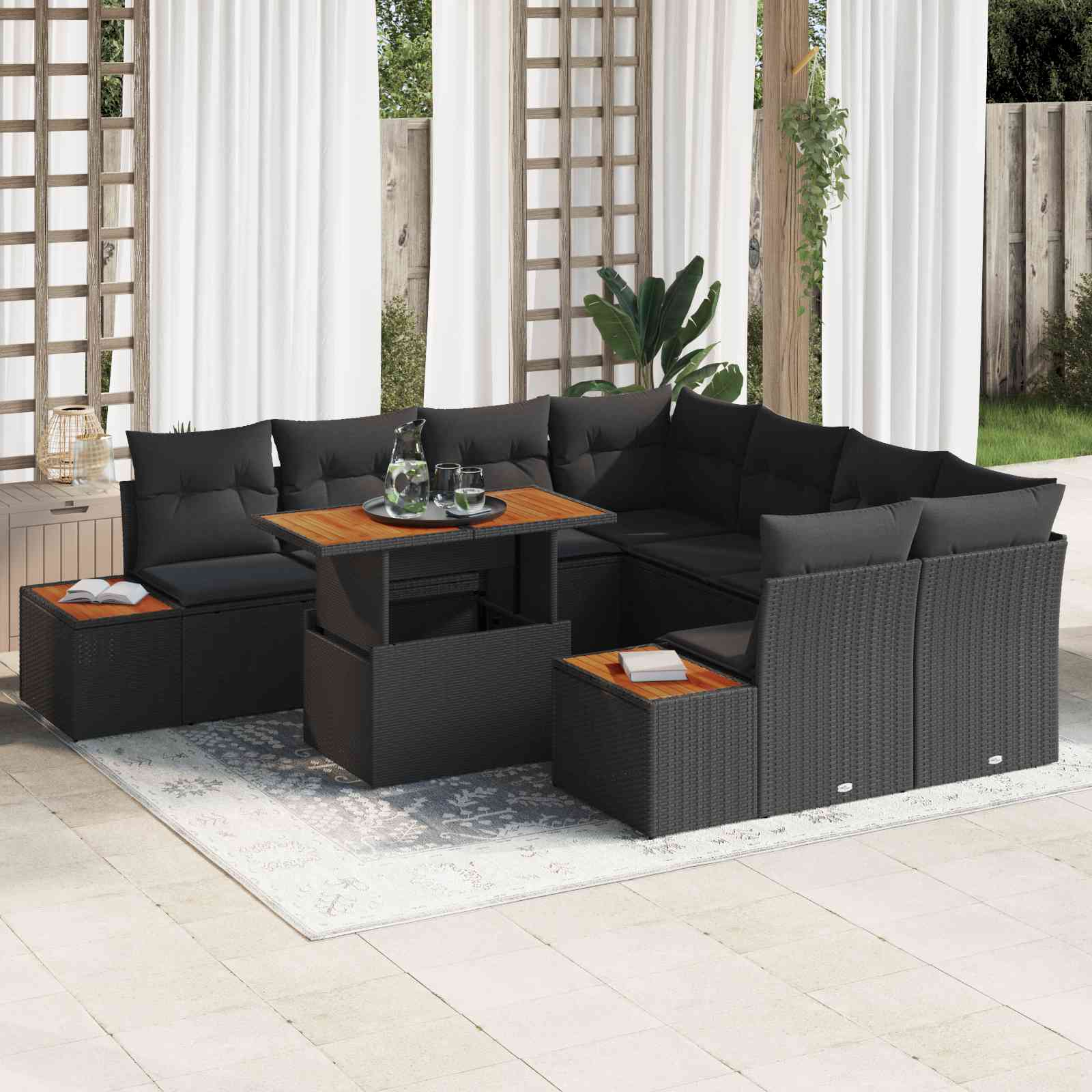 9-teiliges Garten Essset mit Kissen Schwarz Poly Rattan Akazie 9-teiliges Garten Essset mit Kissen Schwarz Poly Rattan Akazie