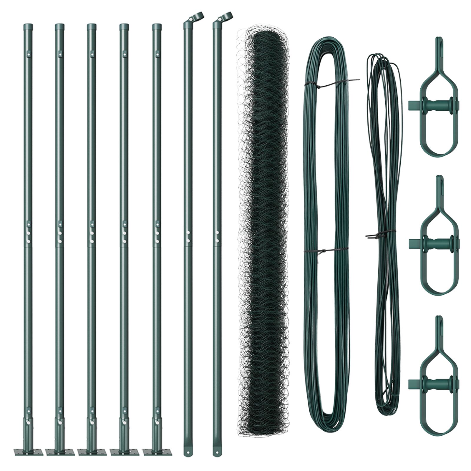Sechseckzaun Grün 1,6x10 m Stahl, Zaunpfosten mit Grundplatten 7 Stück Ø32mm 88,5cm verzinkter Stahl