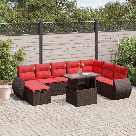 9-teiliges Gartensofa-Set mit Kissen, braun, Polyrattan
