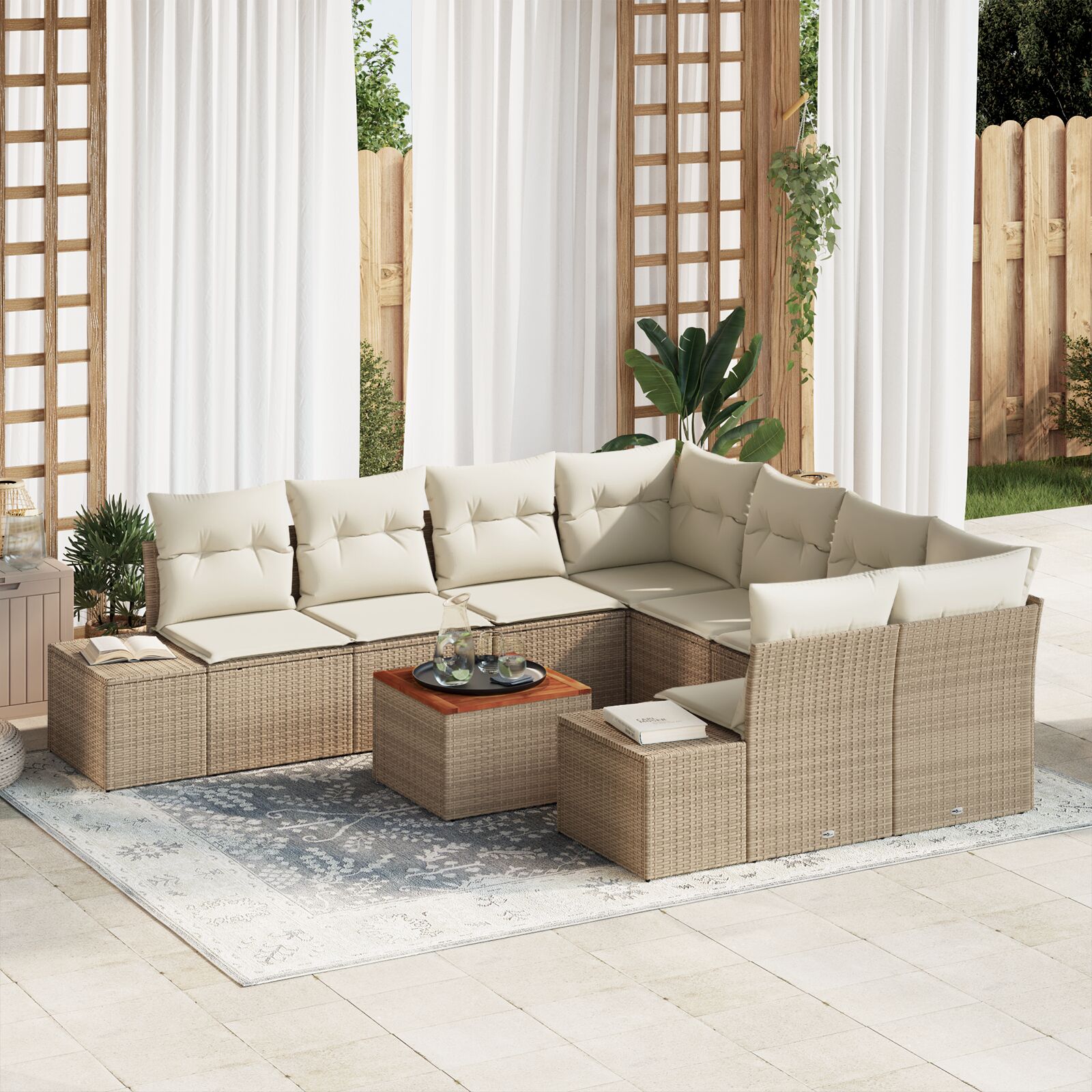 Garten Sofa Set 9 Teile Beige und Creme Rattan, Polyester Garten Sofa Set 9 Teile Beige und Creme Rattan, Polyester