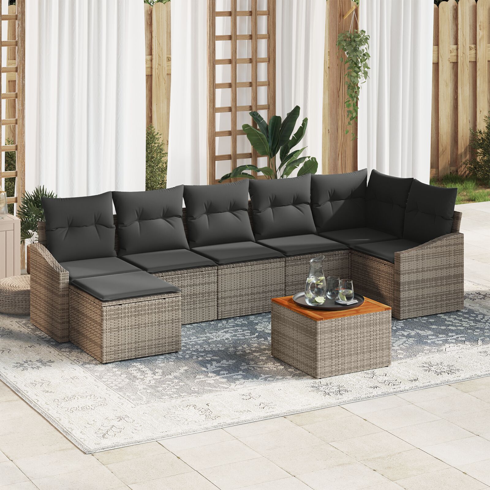 8-teiliges Garten-Sofaset mit Kissen Grau Poly-Rattan Akazie