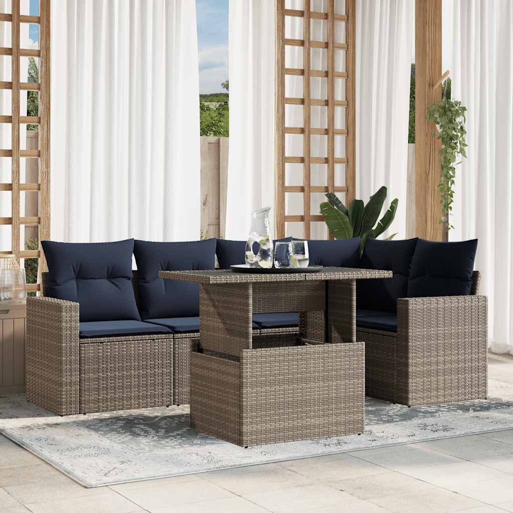 6-teiliges Gartensofa-Set mit Kissen, grau, Polyrattan 6-teiliges Gartensofa-Set mit Kissen, grau, Polyrattan