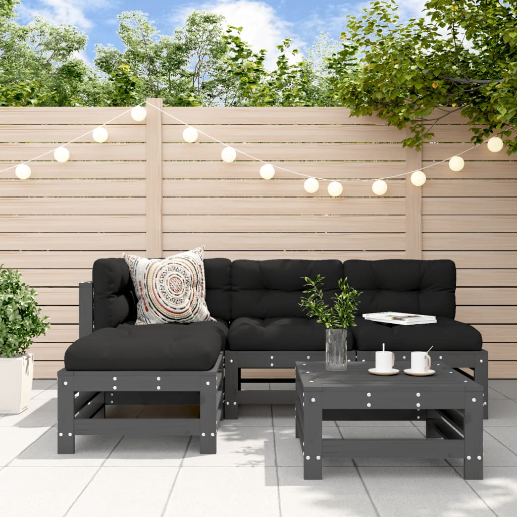 5-tlg. Garten-Lounge-Set mit Kissen Grau Massivholz 5-tlg. Garten-Lounge-Set mit Kissen Grau Massivholz