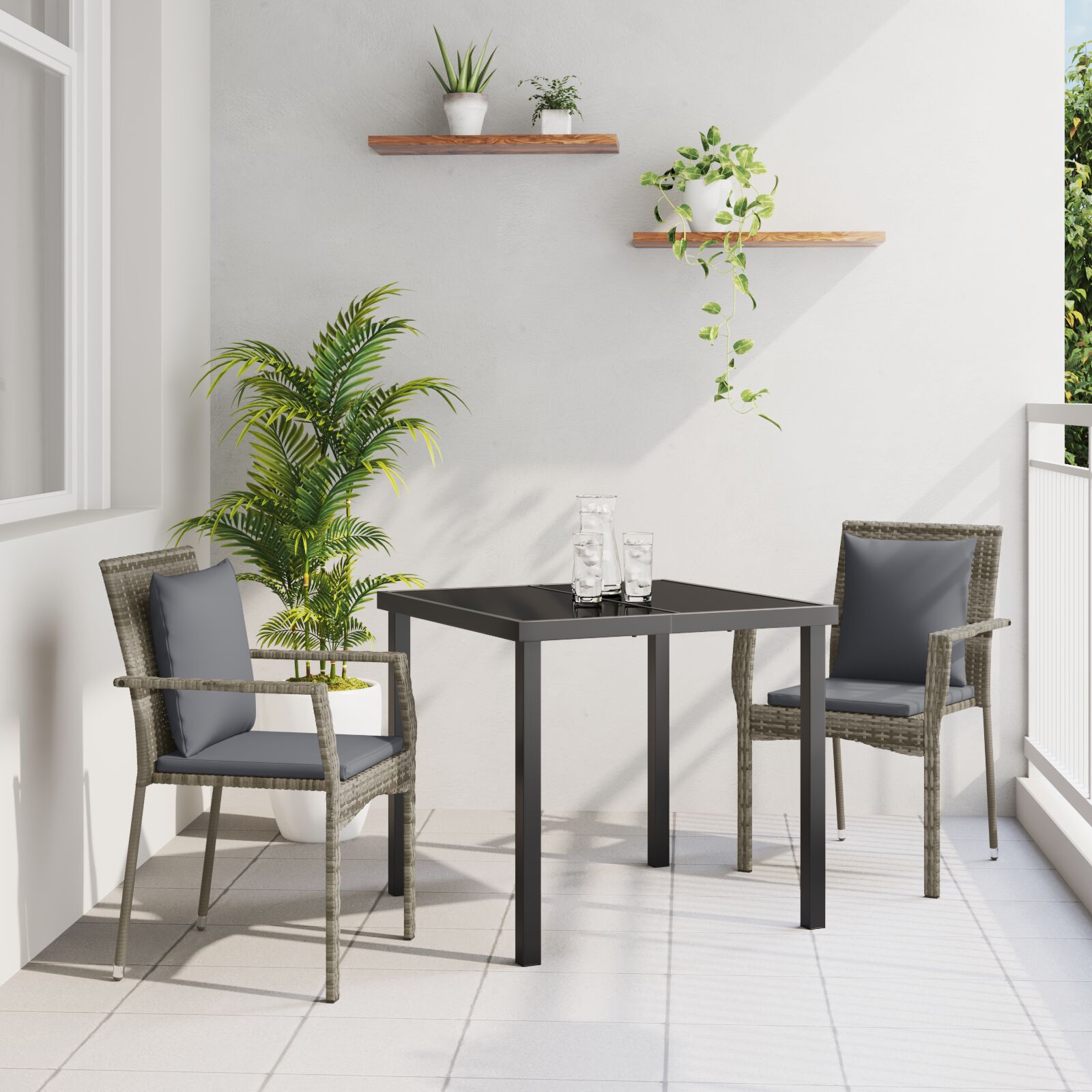 3-teilige Garten-Essgruppe mit Kissen Grau Poly-Rattan 3-teilige Garten-Essgruppe mit Kissen Grau Poly-Rattan