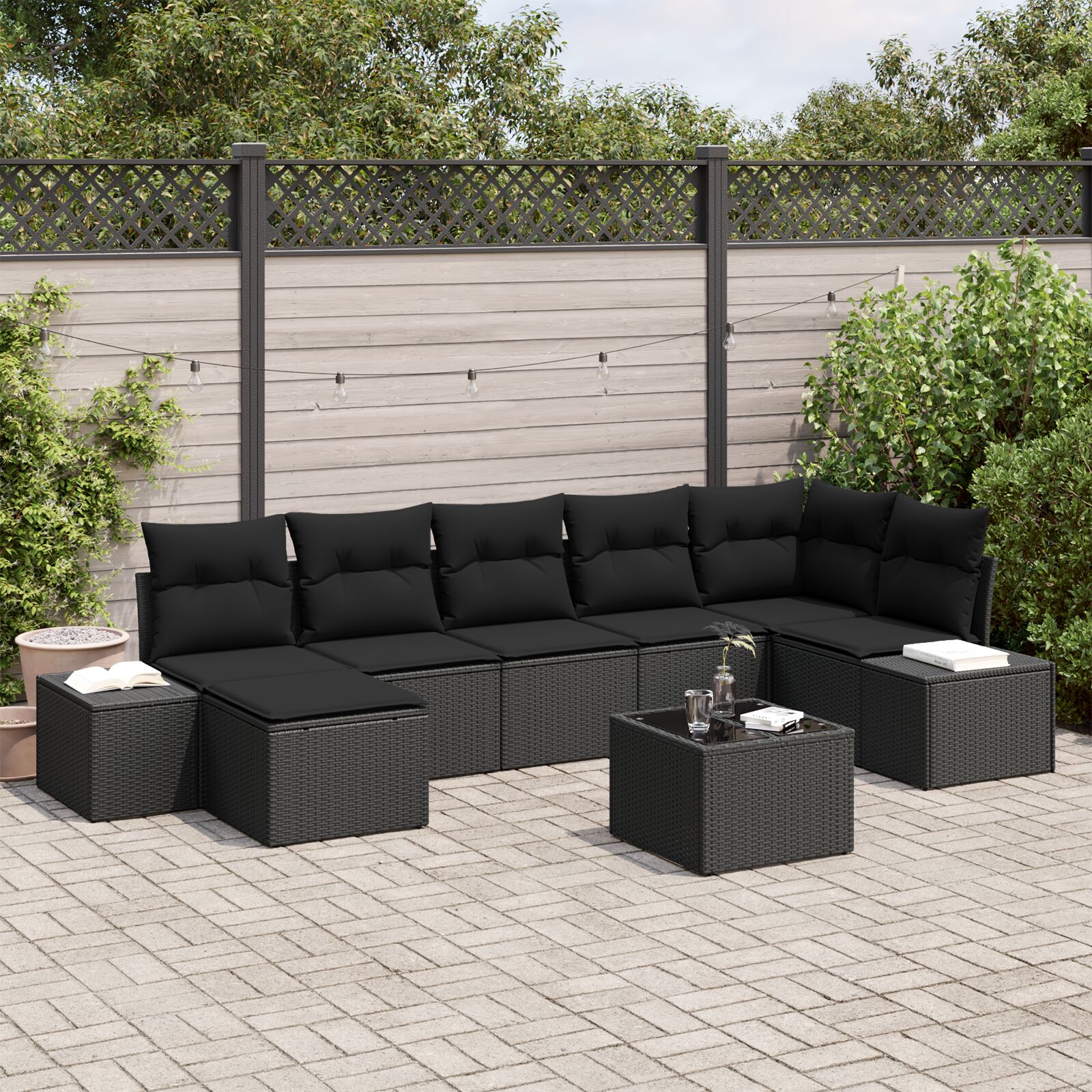 vidaXL Garten-Sofa-Set 8-teilig Schwarz Rattan, Polyester, Stahl