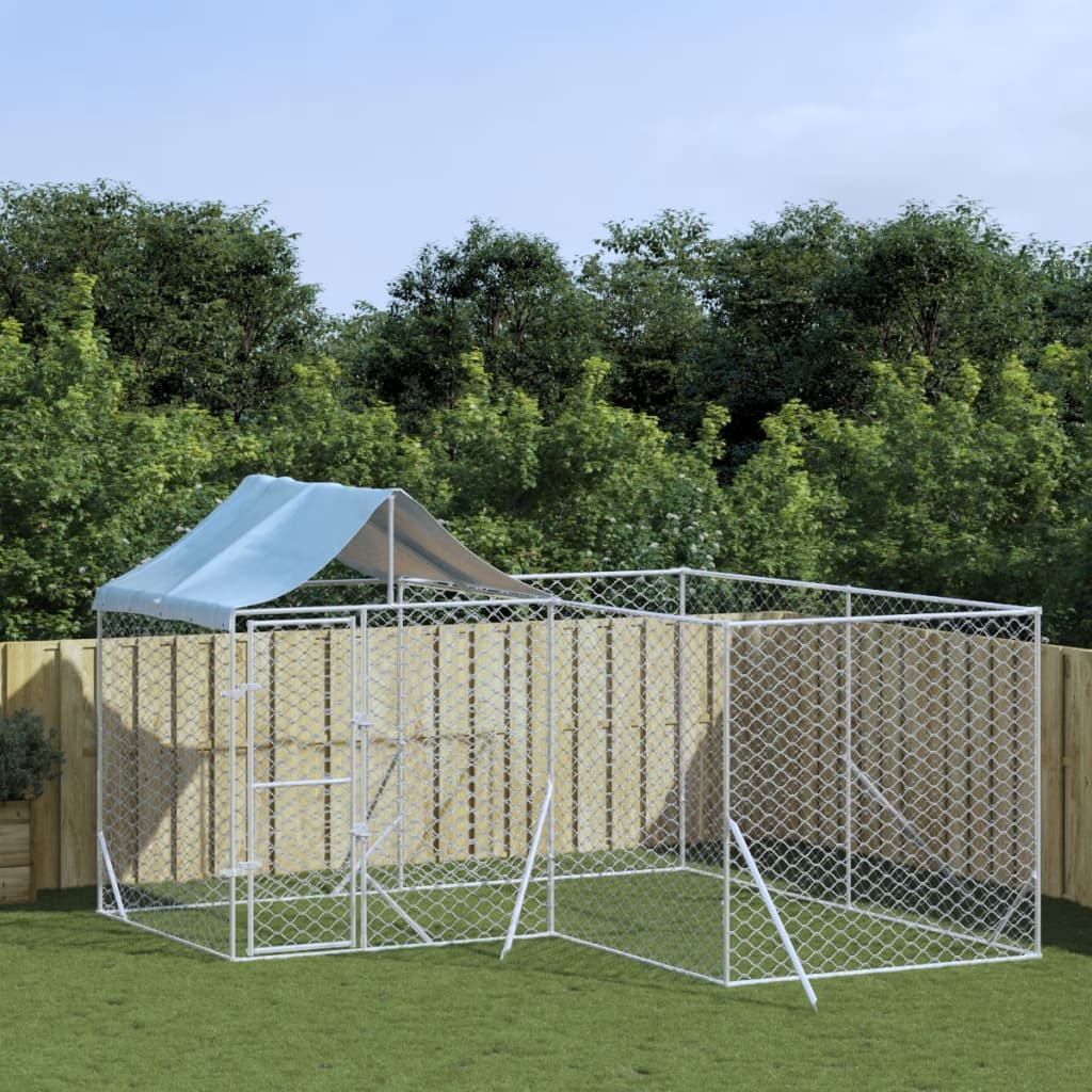 Outdoor-Hundezwinger mit Dach Silbern 4x4x2,5m Verzinkter Stahl