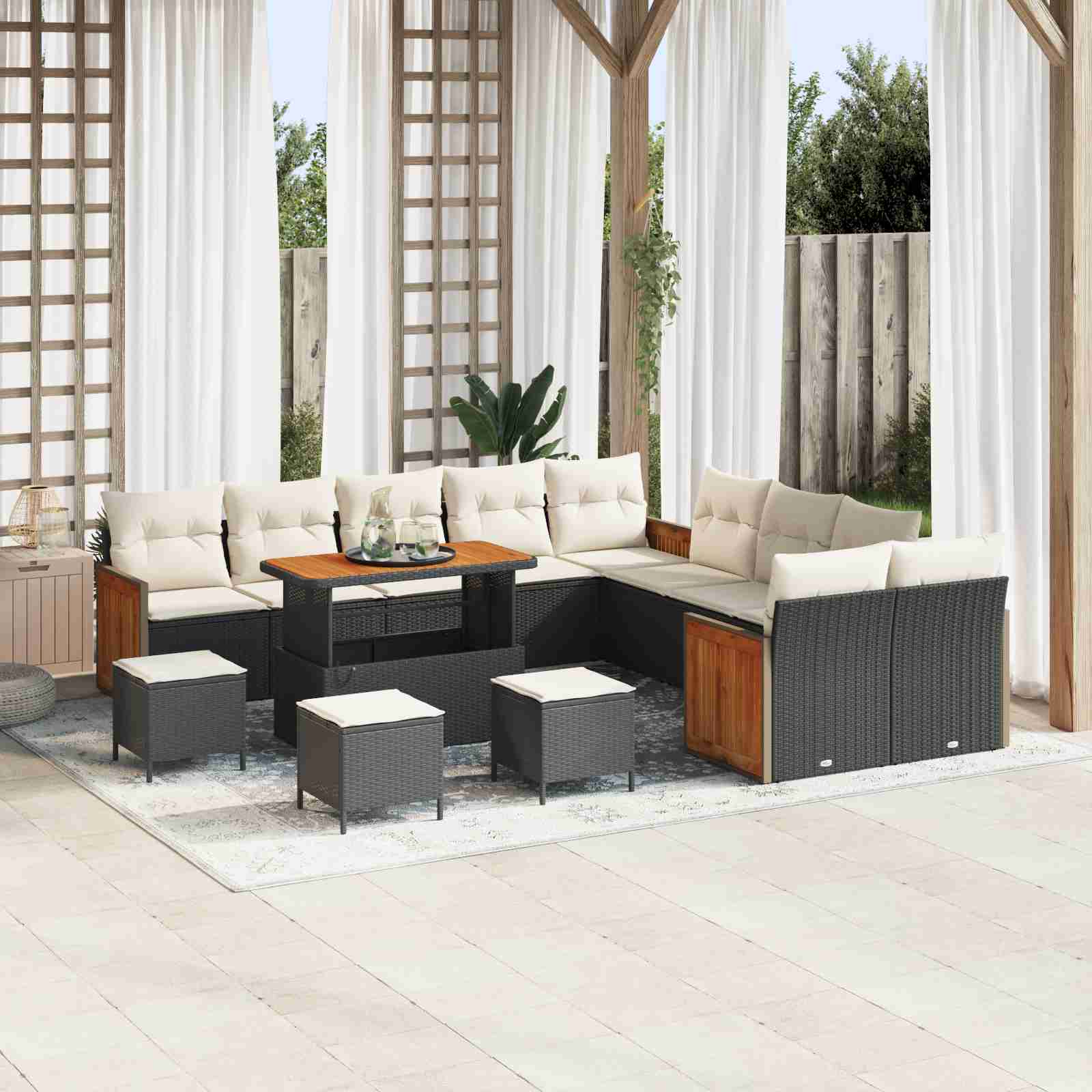 14-teiliges Garten-Sofa-Set mit Kissen Schwarz Poly-Rattan Akazie