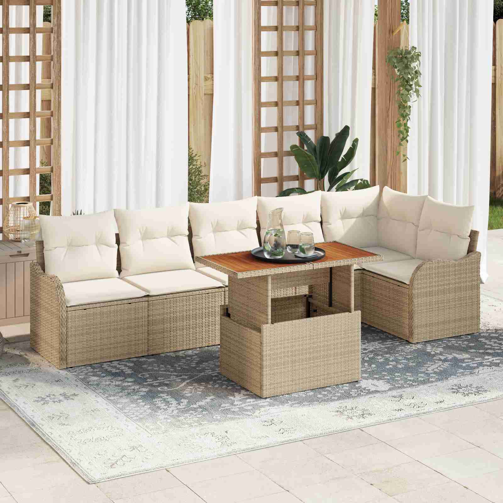 7-Teiliges Garten Sofa Set mit Kissen Beige Poly Rattan Akazie 7-Teiliges Garten Sofa Set mit Kissen Beige Poly Rattan Akazie