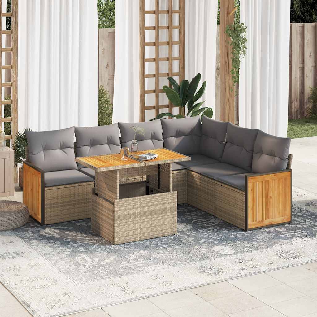 7-tlg. Garten-Sofagarnitur mit Kissen Beige Poly Rattan Akazie 7-tlg. Garten-Sofagarnitur mit Kissen Beige Poly Rattan Akazie