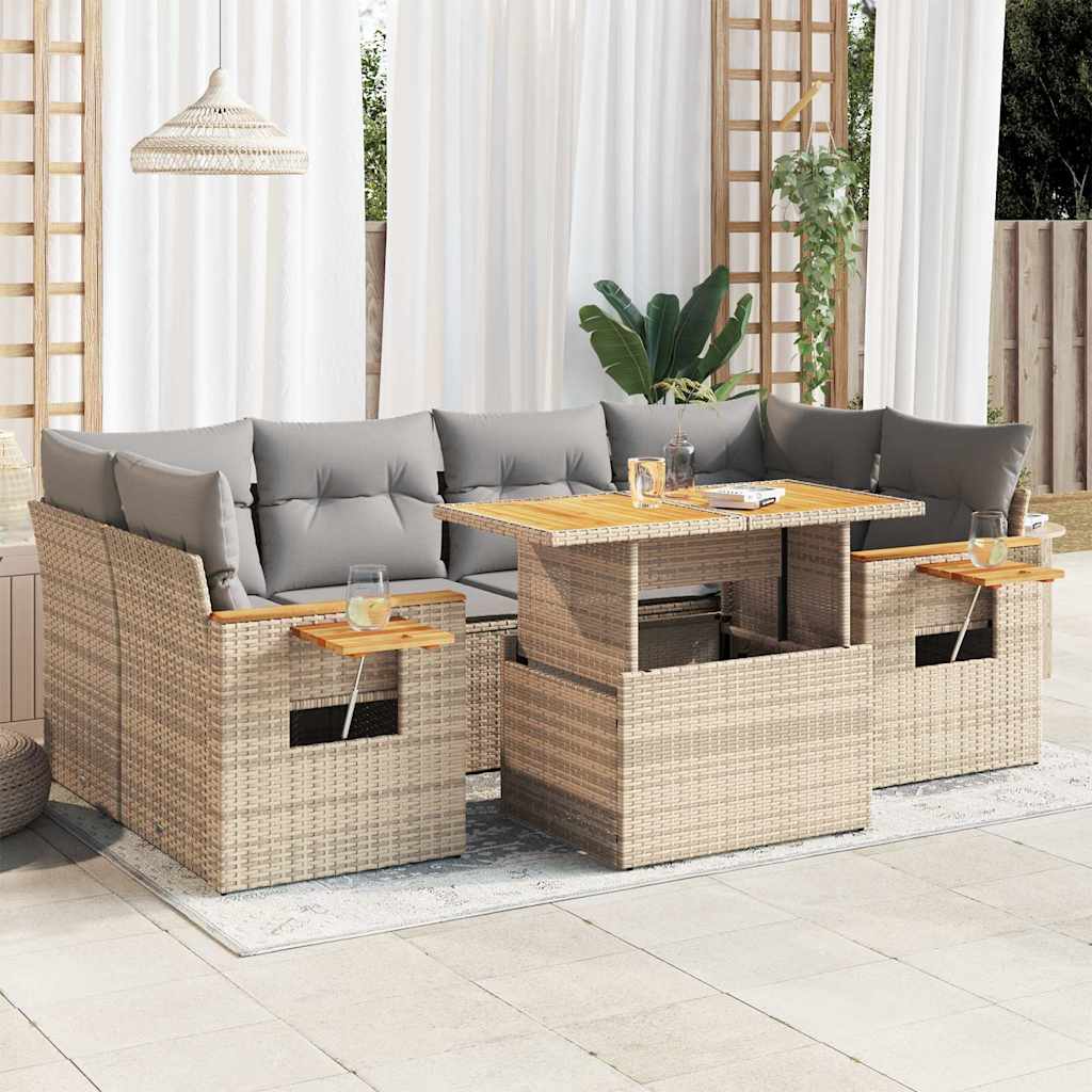 7-tlg. Garten-Sofagarnitur mit Kissen Beige Poly Rattan Akazie
