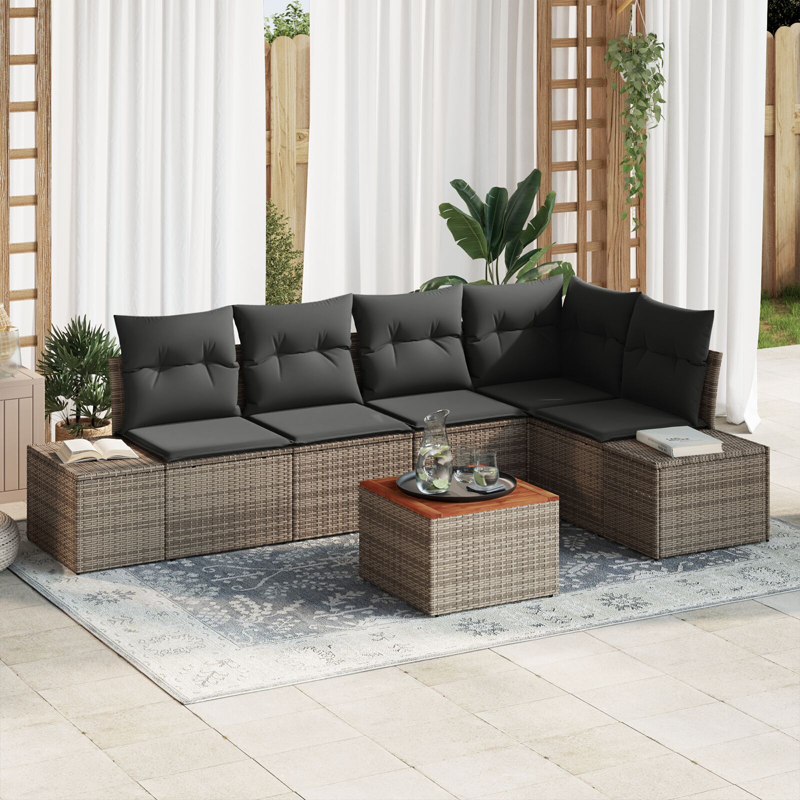 6-teiliges Garten Sofa Set mit Kissen Grau Poly Rattan Akazie 6-teiliges Garten Sofa Set mit Kissen Grau Poly Rattan Akazie