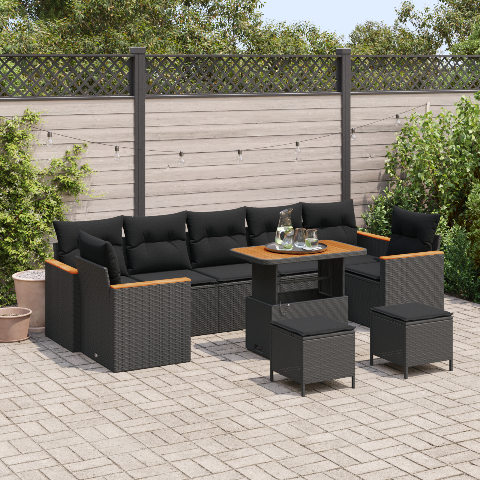 10-teiliges Garten Sofa Set mit Kissen Schwarz Poly Rattan Akazie
