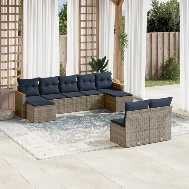 9-teiliges Gartensofa-Set mit Kissen, grau, Polyrattan 9-teiliges Gartensofa-Set mit Kissen, grau, Polyrattan
