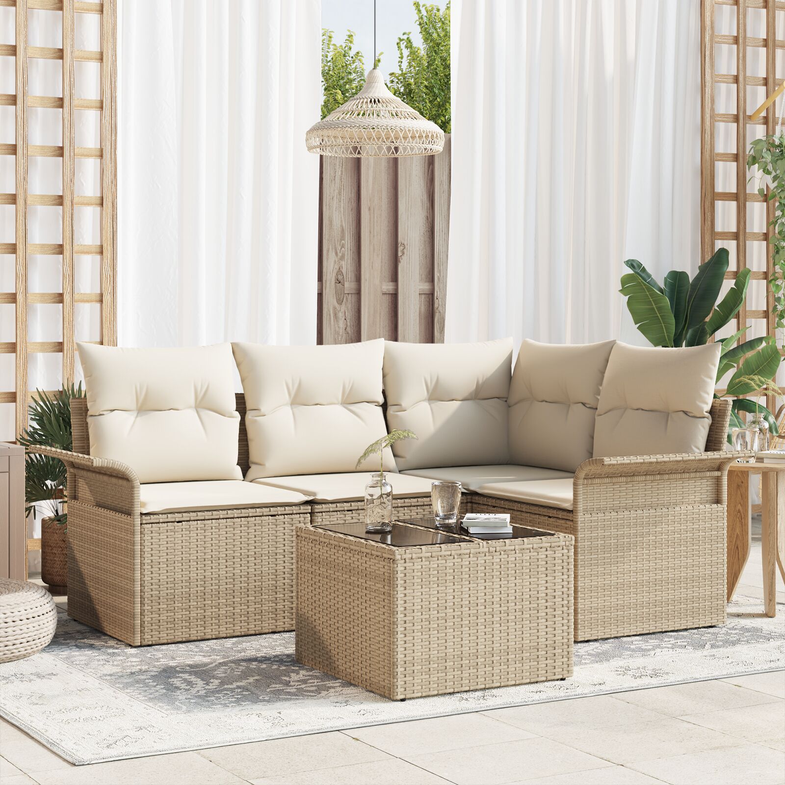 5-teiliges Garten-Sofa-Set mit Kissen Braun Poly Rattan 5-teiliges Garten-Sofa-Set mit Kissen Braun Poly Rattan