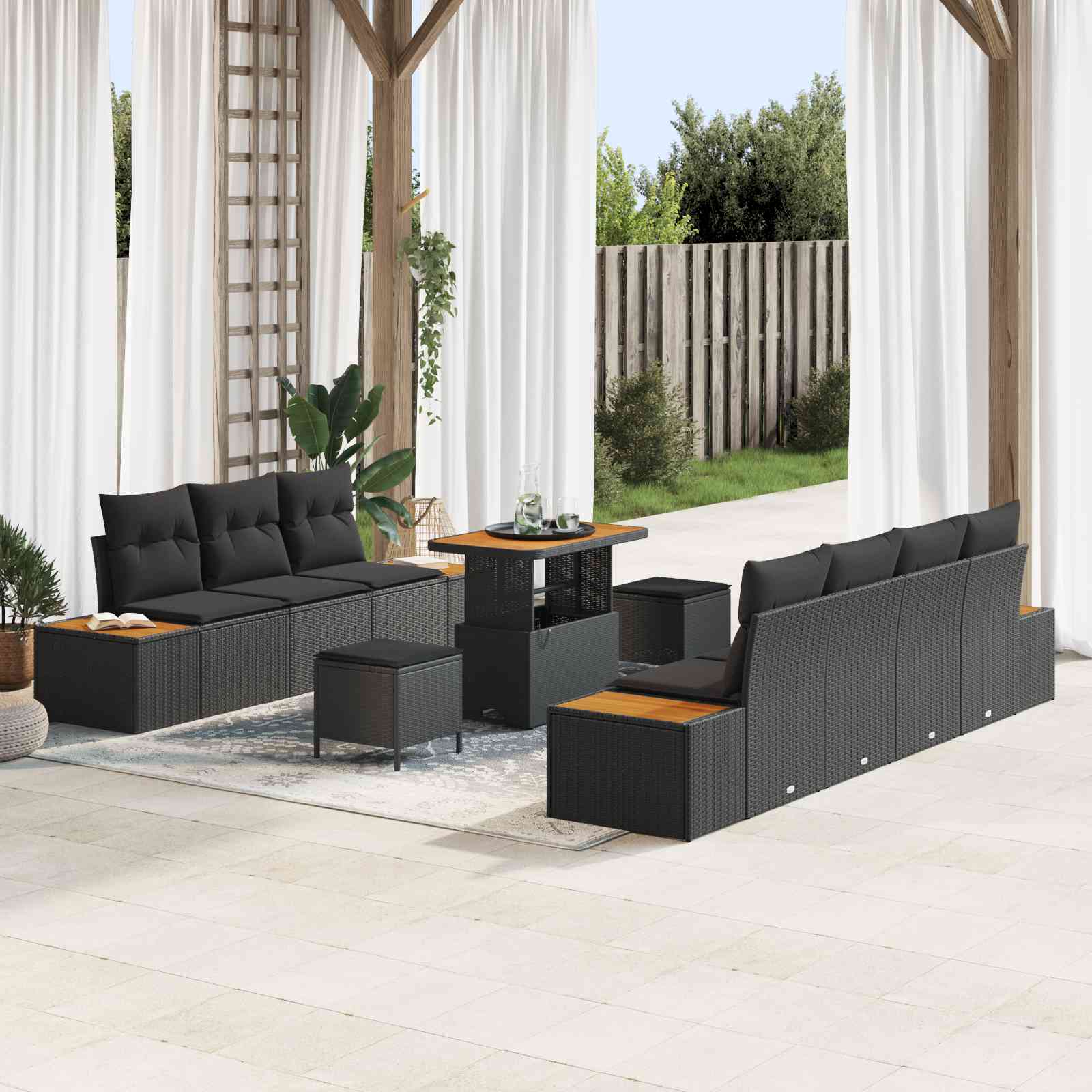 10-teiliges Garten Sofa Set mit Kissen Schwarz Poly Rattan Akazie