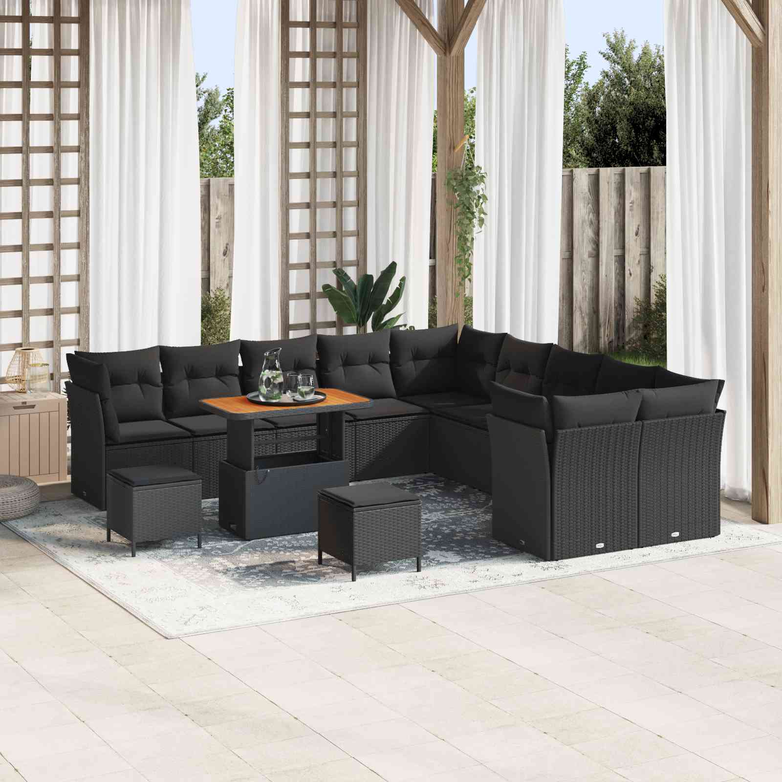 13-teiliges Garten Sofa Set mit Kissen Schwarz Poly Rattan Akazie 13-teiliges Garten Sofa Set mit Kissen Schwarz Poly Rattan Akazie