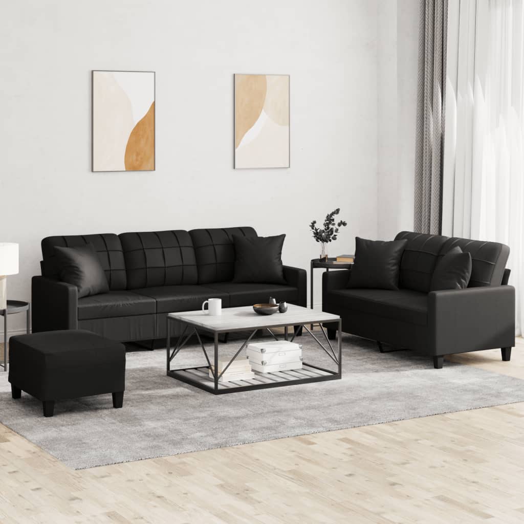 3-tlg. Sofagarnitur mit Kissen Schwarz Kunstleder 3-tlg. Sofagarnitur mit Kissen Schwarz Kunstleder