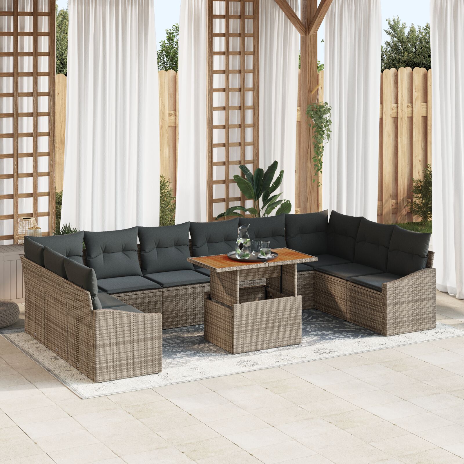 11-teiliges Garten-Sofa-Set mit Kissen Grau Poly-Rattan