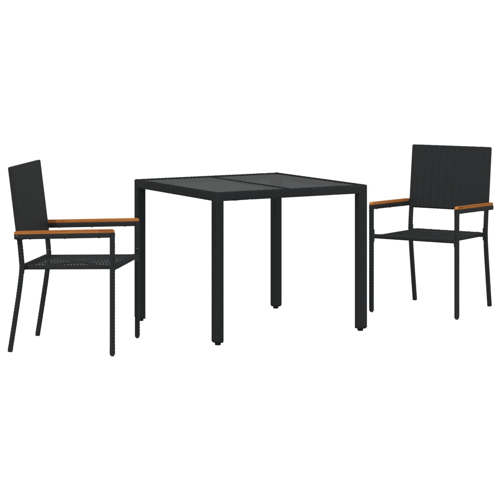 3-teiliges Garten Essset Schwarz Poly-Rattan, Stapelbare Gartenstühle mit Kissen - 2-teiliges Set in Schwarz Poly-Rattan 3-teiliges Garten Essset Schwarz Poly-Rattan, Stapelbare Gartenstühle mit Kissen - 2-teiliges Set in Schwarz Poly-Rattan