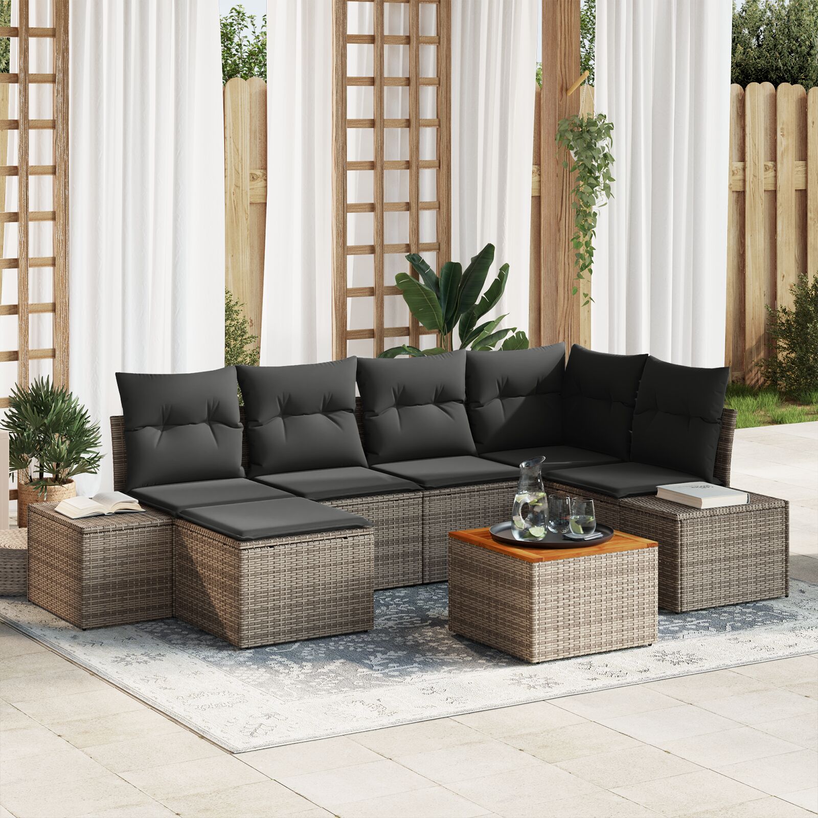 7-teiliges Garten-Sofa-Set mit Kissen Grau Poly-Rattan Akazie 7-teiliges Garten-Sofa-Set mit Kissen Grau Poly-Rattan Akazie