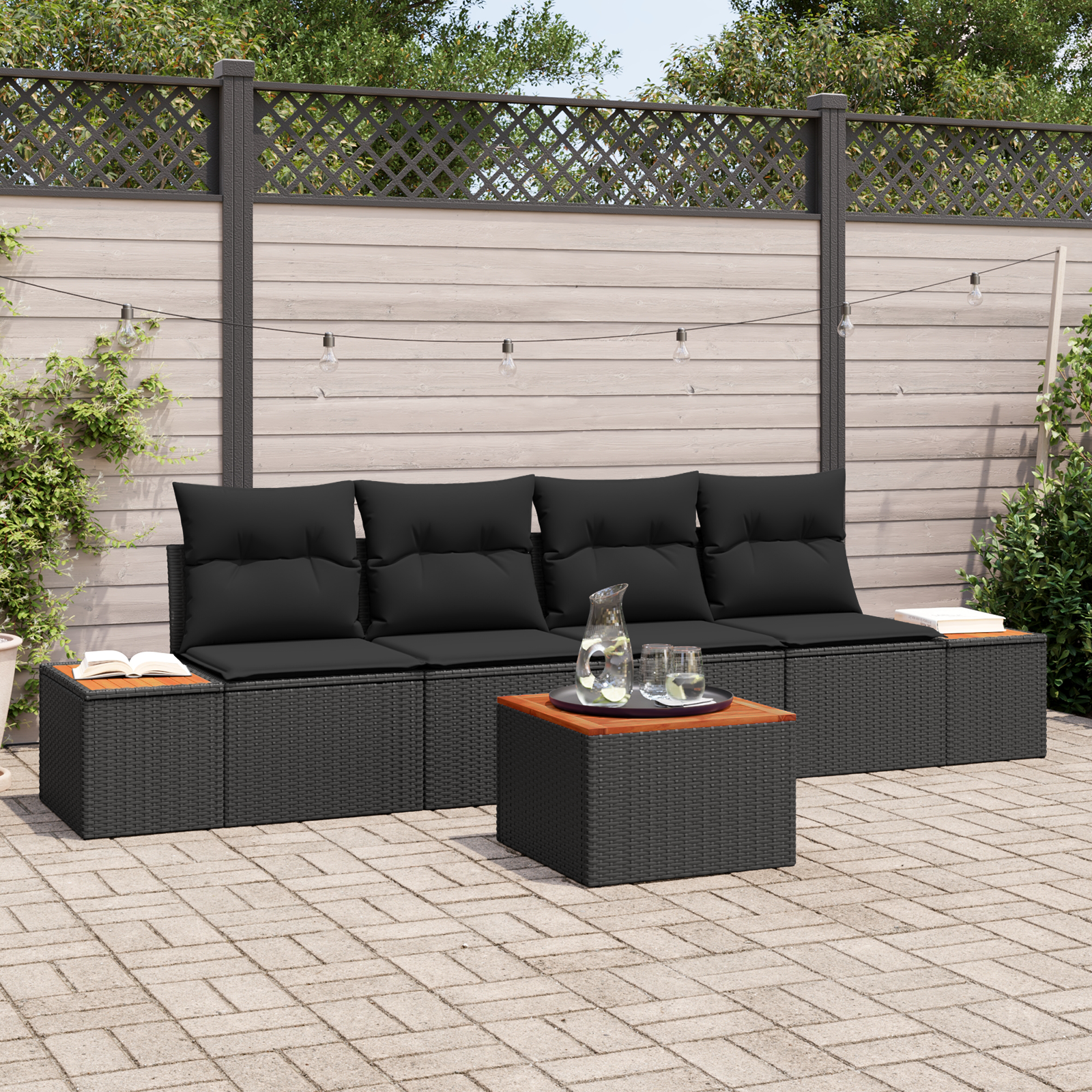 5-teiliges Garten Sofa Set mit Kissen Schwarz Poly Rattan Akazie 5-teiliges Garten Sofa Set mit Kissen Schwarz Poly Rattan Akazie