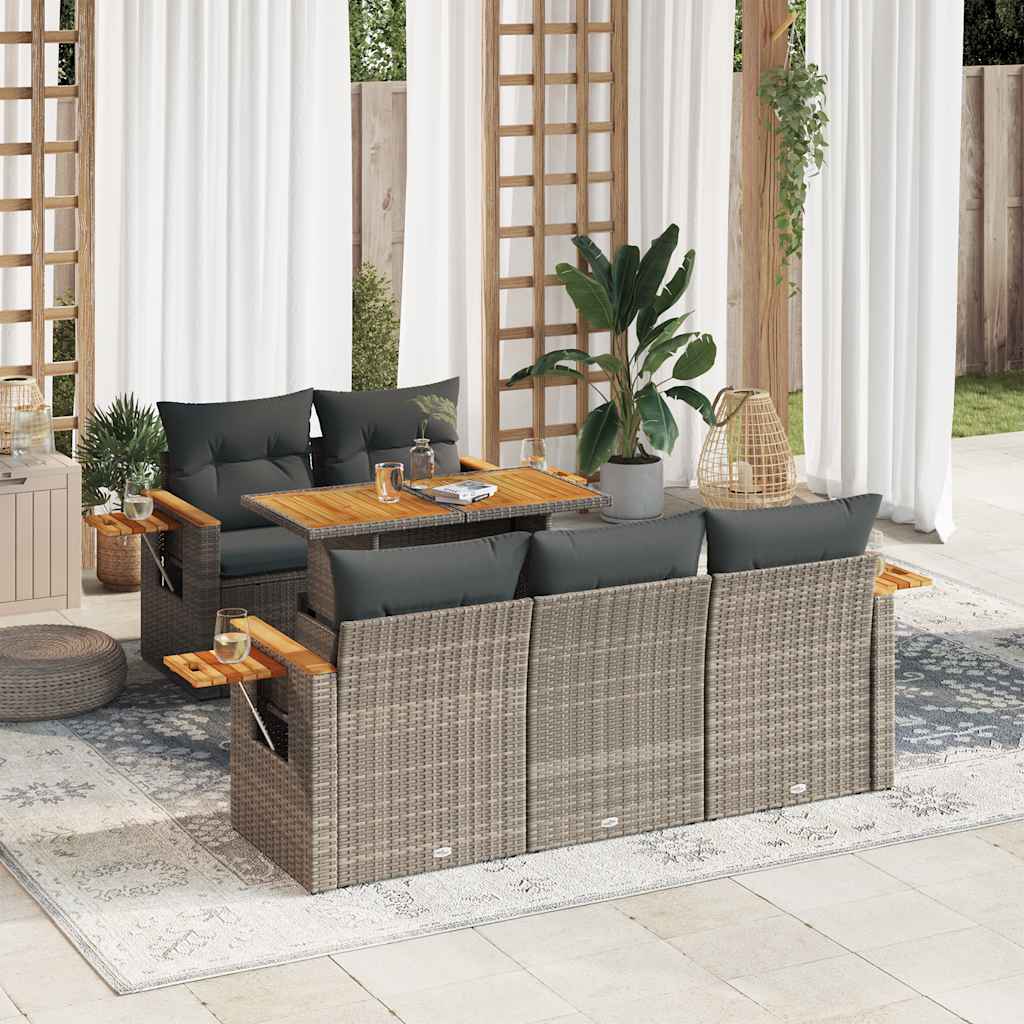 6-tlg. Garten-Sofagarnitur mit Kissen Grau Poly Rattan Akazie 6-tlg. Garten-Sofagarnitur mit Kissen Grau Poly Rattan Akazie