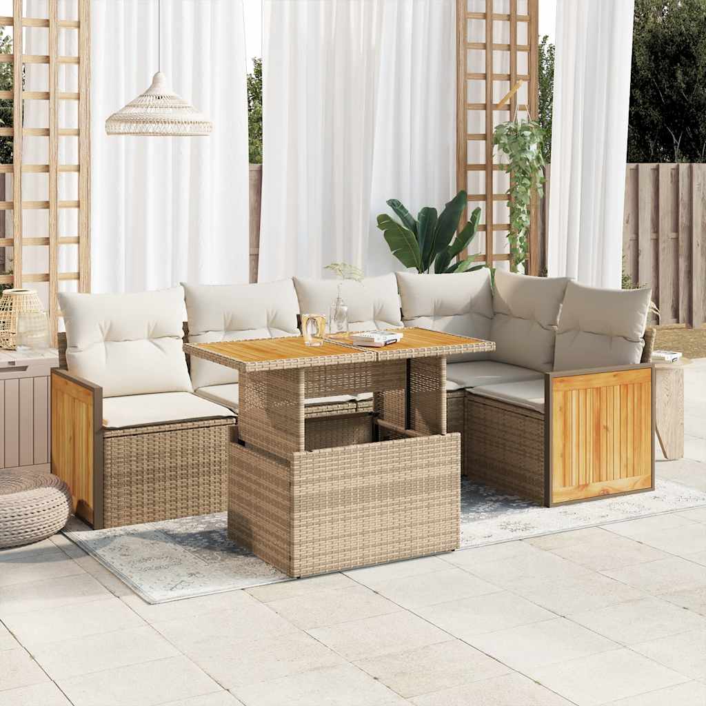 6-tlg. Garten-Sofagarnitur mit Kissen Beige Poly Rattan Akazie 6-tlg. Garten-Sofagarnitur mit Kissen Beige Poly Rattan Akazie