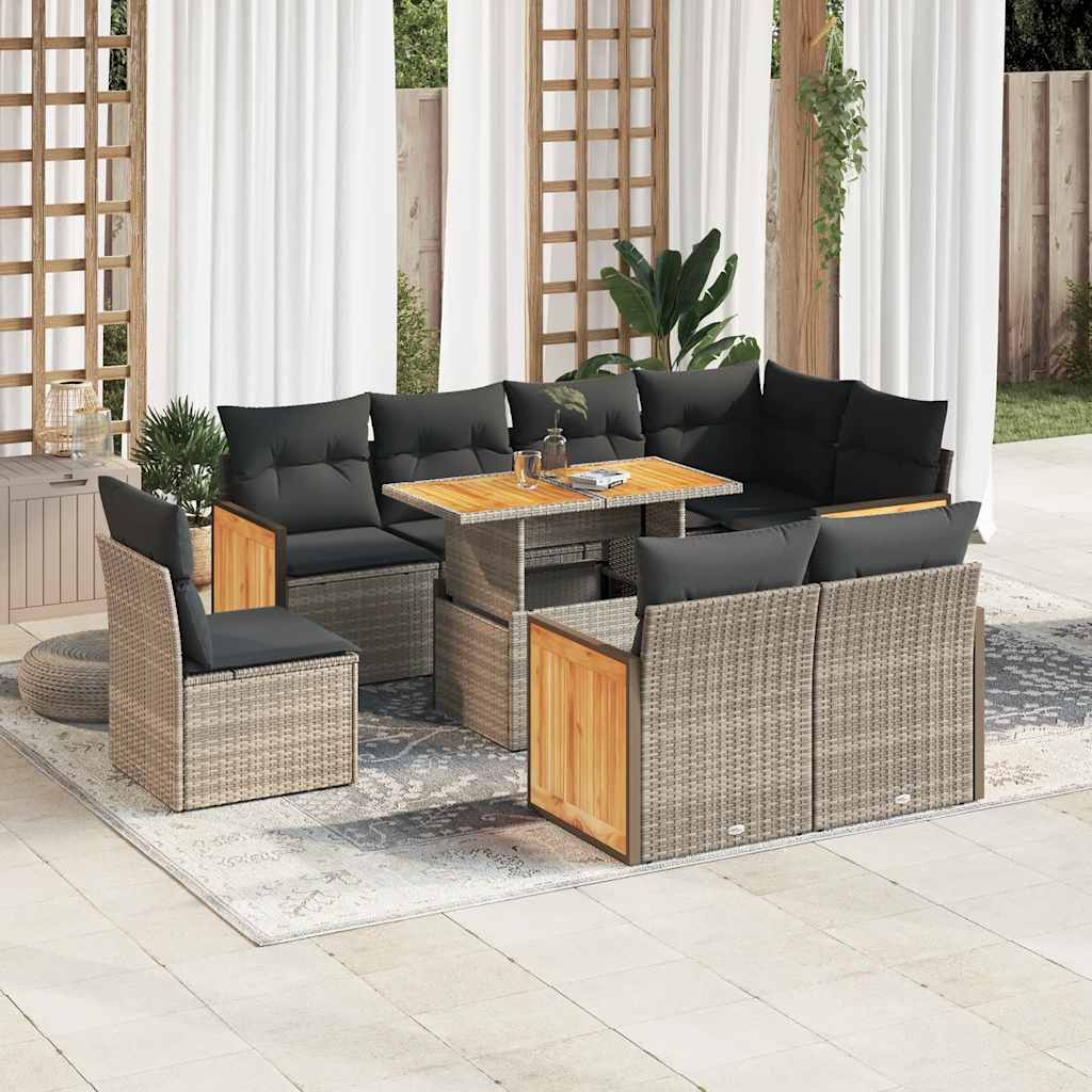 9-tlg. Garten-Sofagarnitur mit Kissen Grau Poly Rattan Akazie 9-tlg. Garten-Sofagarnitur mit Kissen Grau Poly Rattan Akazie