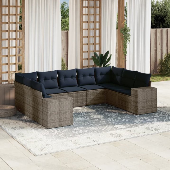 9-teiliges Gartensofa-Set mit Kissen, grau, Polyrattan 9-teiliges Gartensofa-Set mit Kissen, grau, Polyrattan