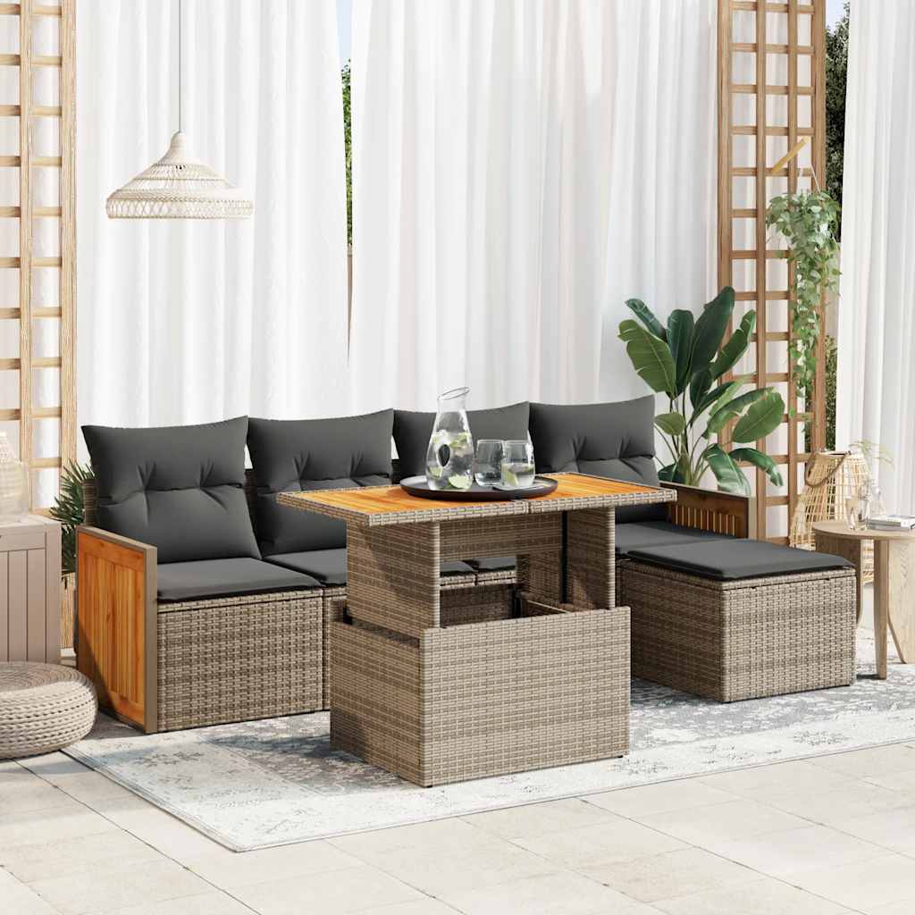 6-tlg. Garten-Sofagarnitur mit Kissen Grau Poly Rattan Akazie 6-tlg. Garten-Sofagarnitur mit Kissen Grau Poly Rattan Akazie