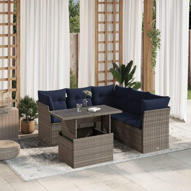 6-teiliges Gartensofa-Set mit Kissen, grau, Polyrattan