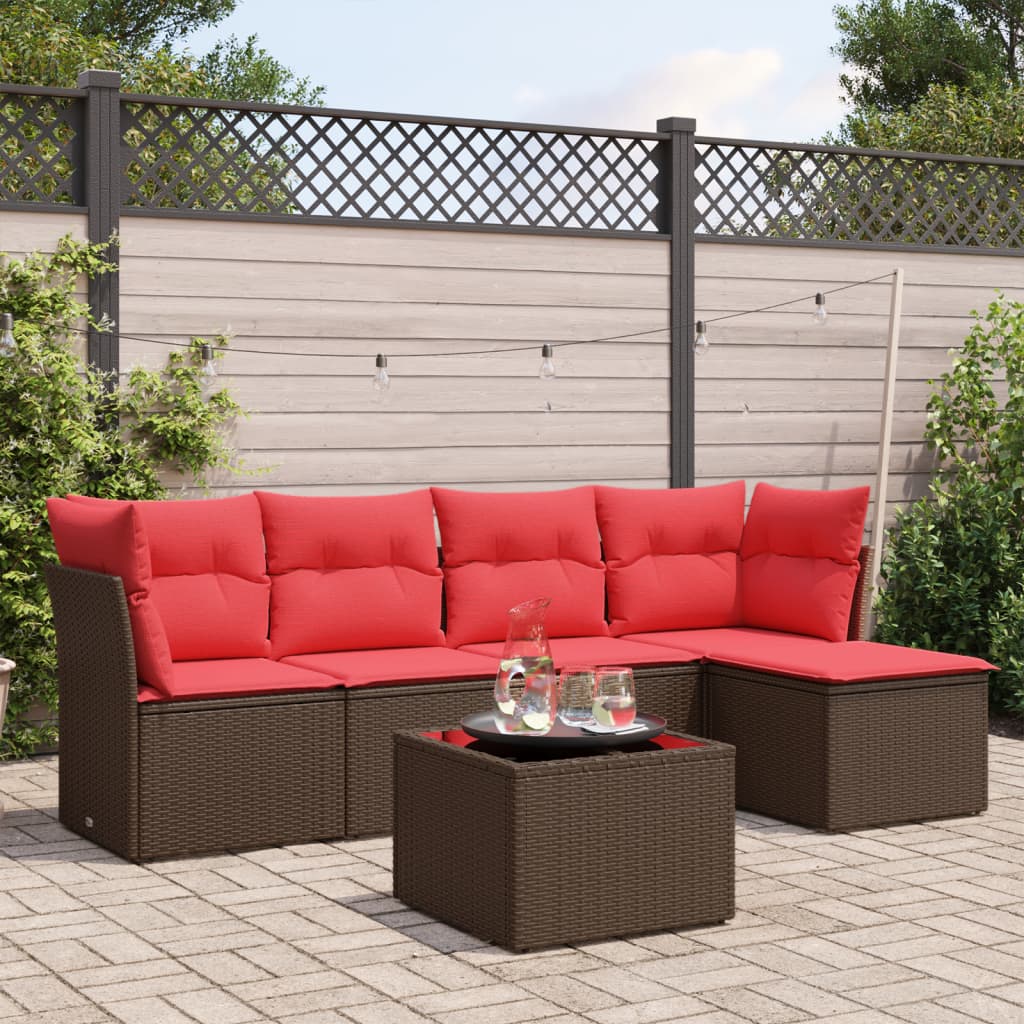 6-tlg. Garten-Sofagarnitur mit Kissen Braun Poly Rattan