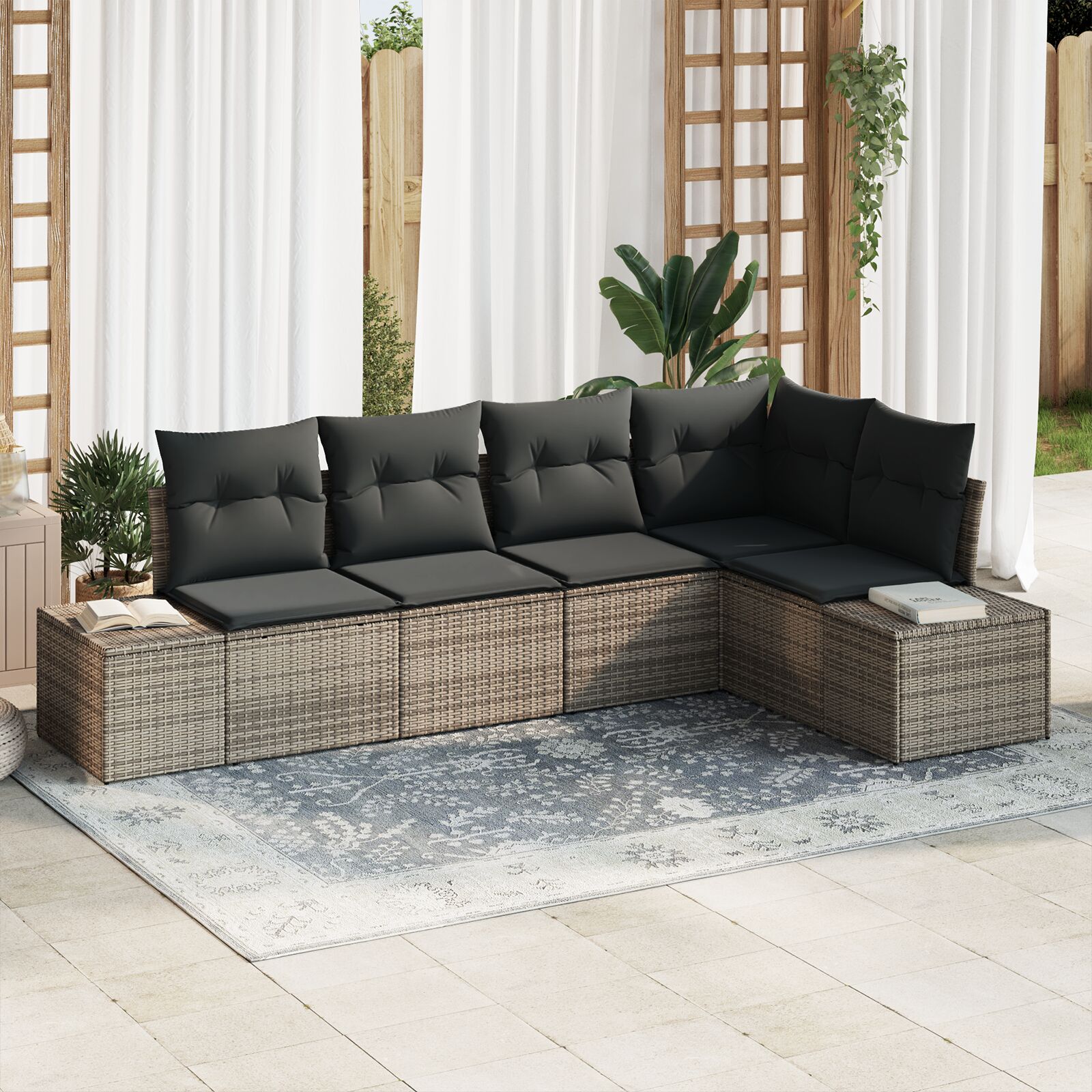 5-teiliges Garten-Sofa-Set mit Kissen Grau Poly-Rattan 5-teiliges Garten-Sofa-Set mit Kissen Grau Poly-Rattan