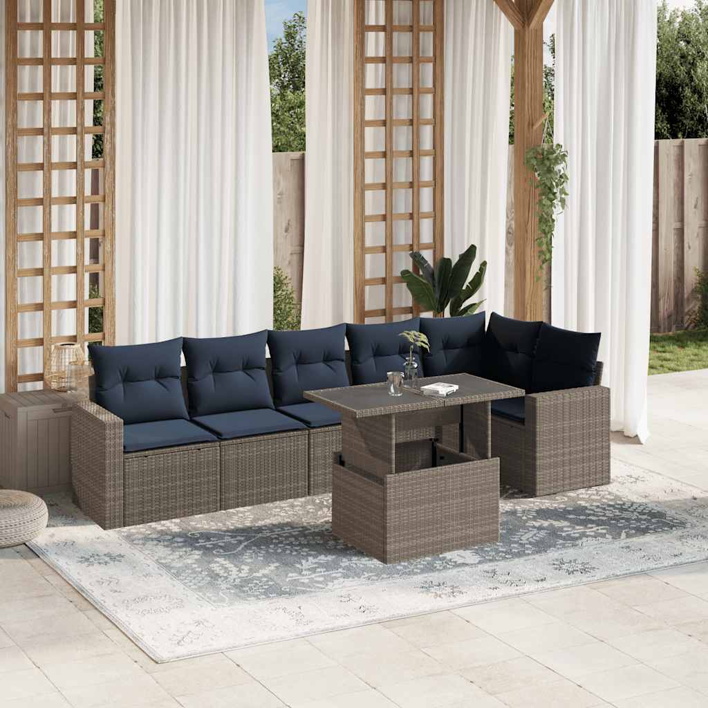 7-teiliges Gartensofa-Set mit Kissen, grau, Polyrattan 7-teiliges Gartensofa-Set mit Kissen, grau, Polyrattan