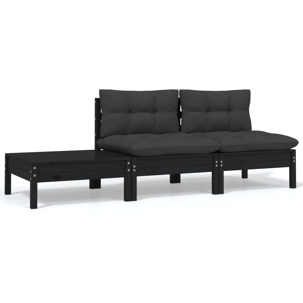 3-tlg. Garten-Lounge-Set mit Kissen Schwarz Kiefer Massivholz 3-tlg. Garten-Lounge-Set mit Kissen Schwarz Kiefer Massivholz