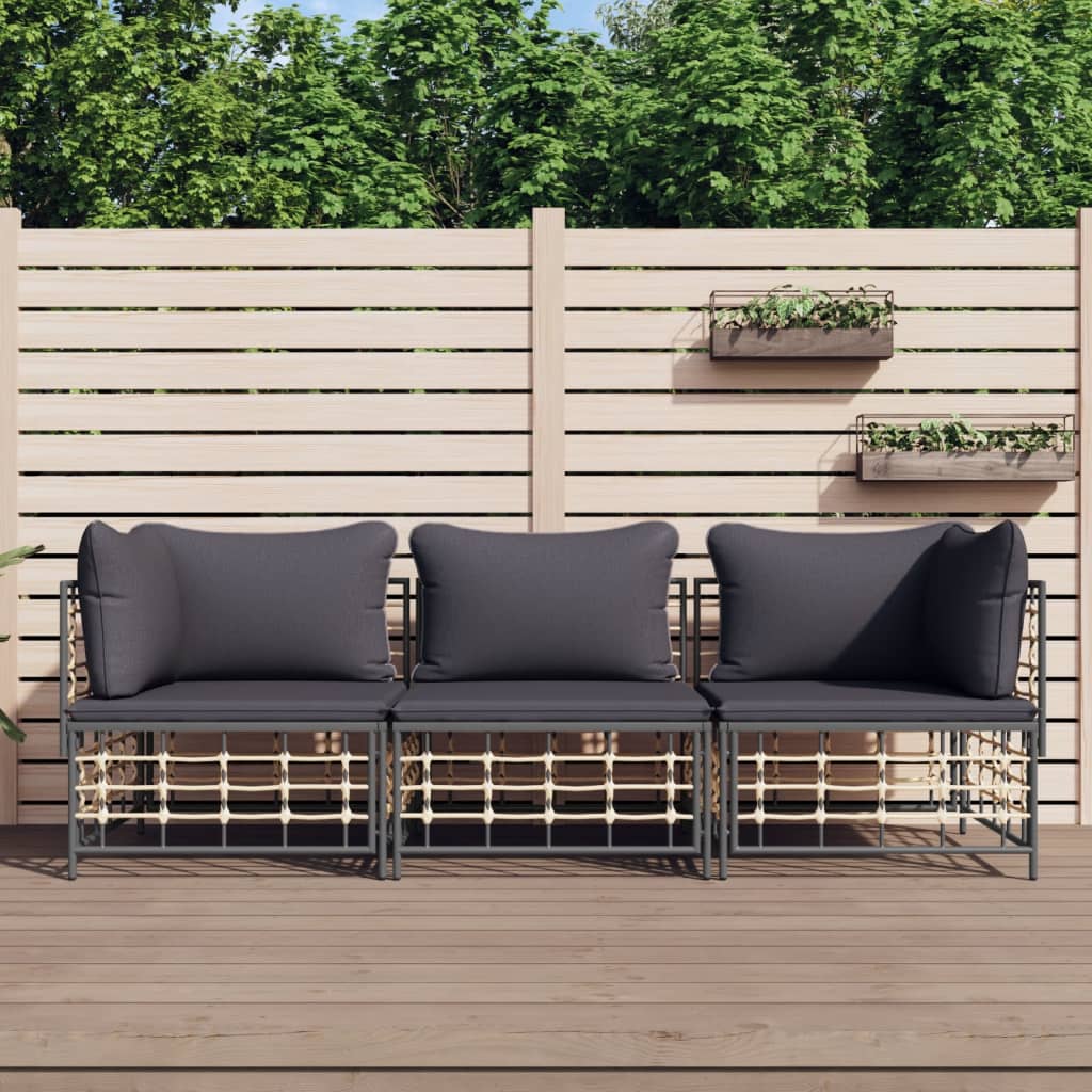 3-tlg. Garten-Lounge-Set mit Kissen Anthrazit Poly Rattan 3-tlg. Garten-Lounge-Set mit Kissen Anthrazit Poly Rattan