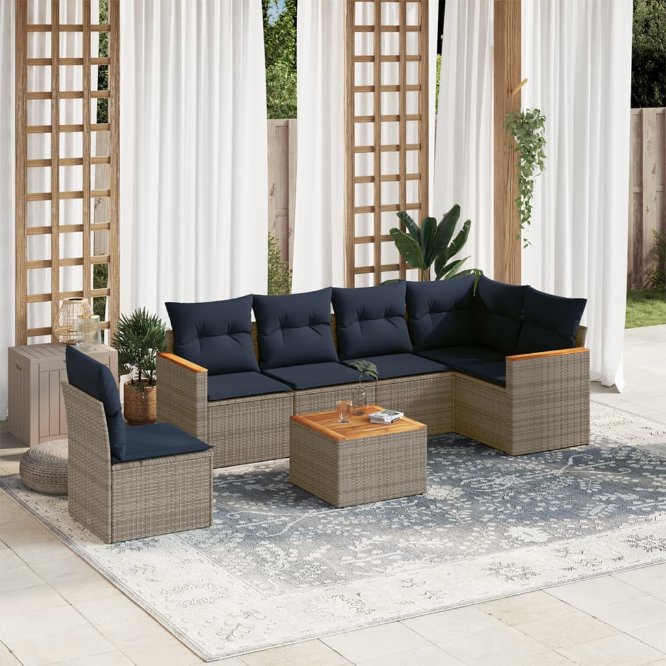 7-teiliges Gartensofa-Set mit Kissen, grau, Polyrattan