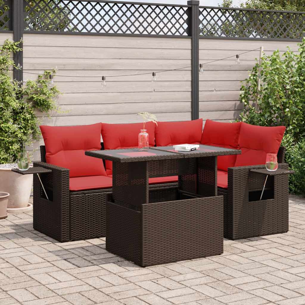 5-tlg. Garten-Sofagarnitur mit Kissen Grau Poly Rattan Akazie 5-tlg. Garten-Sofagarnitur mit Kissen Grau Poly Rattan Akazie