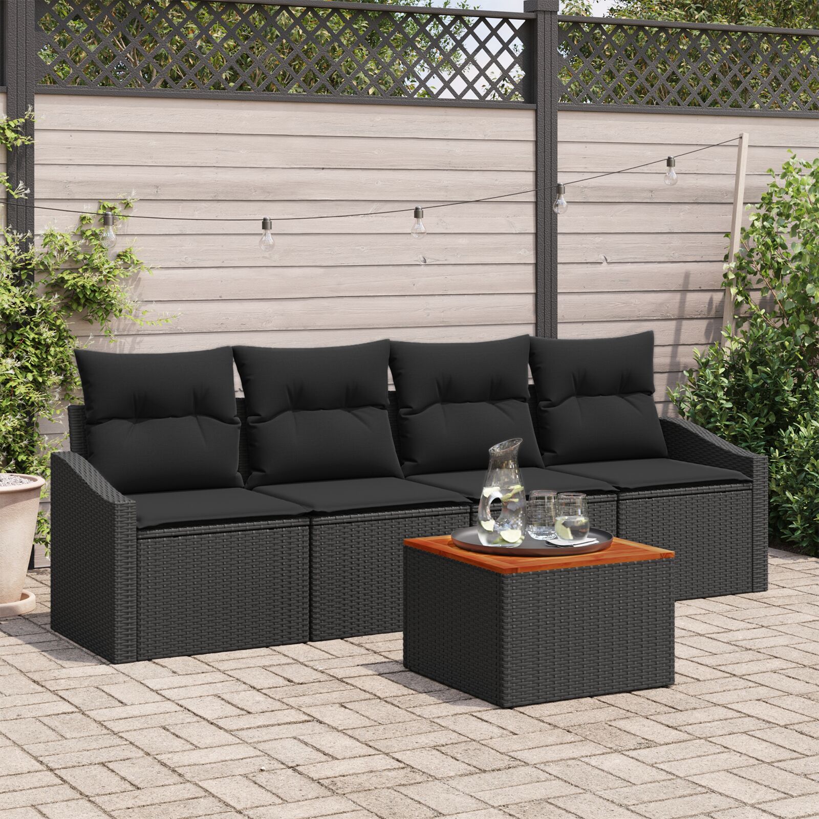 5-teiliges Garten Sofa Set mit Kissen Schwarz Poly Rattan Akazienholz 5-teiliges Garten Sofa Set mit Kissen Schwarz Poly Rattan Akazienholz