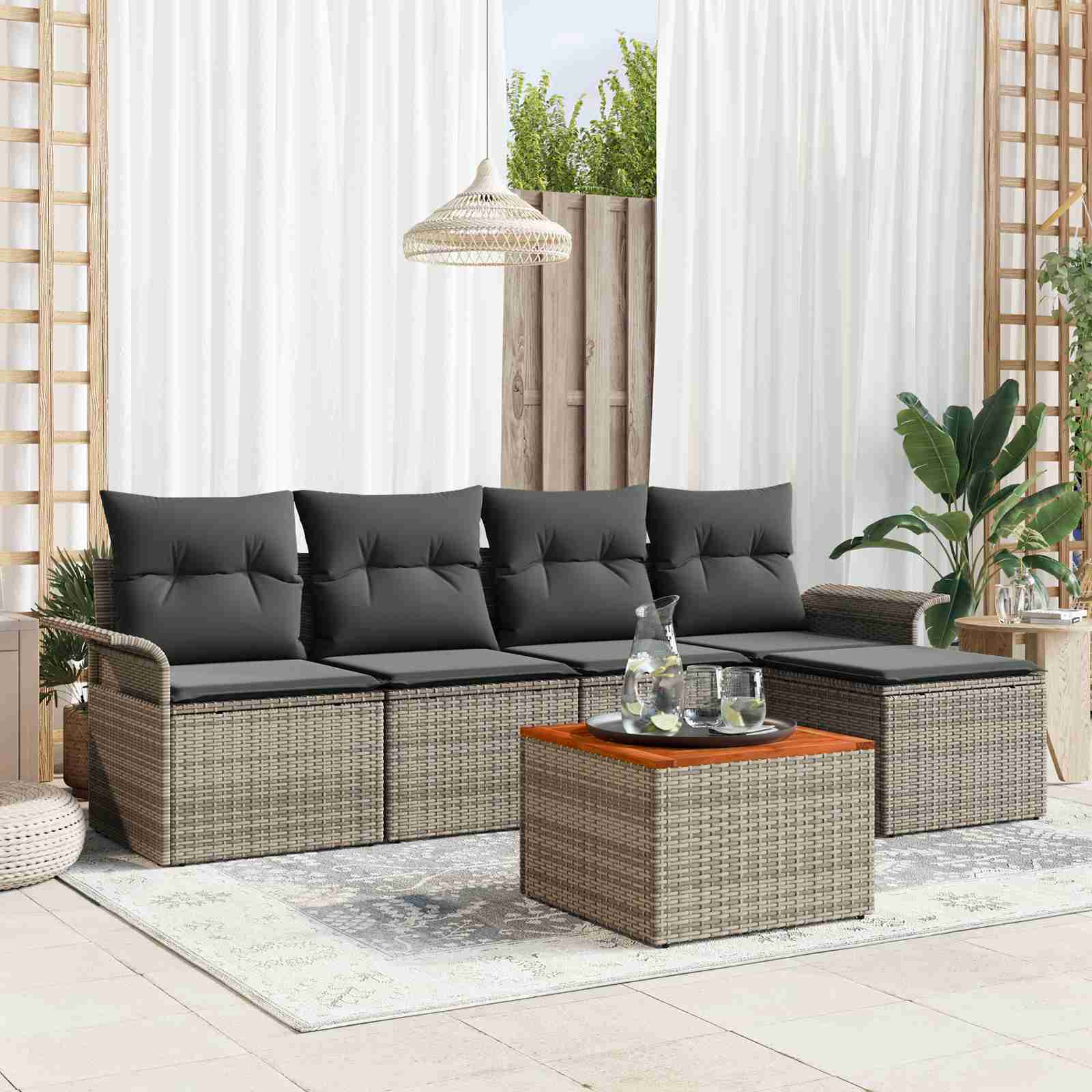 6-teiliges Garten-Sofa-Set mit Kissen Grau Poly-Rattan Akazie 6-teiliges Garten-Sofa-Set mit Kissen Grau Poly-Rattan Akazie