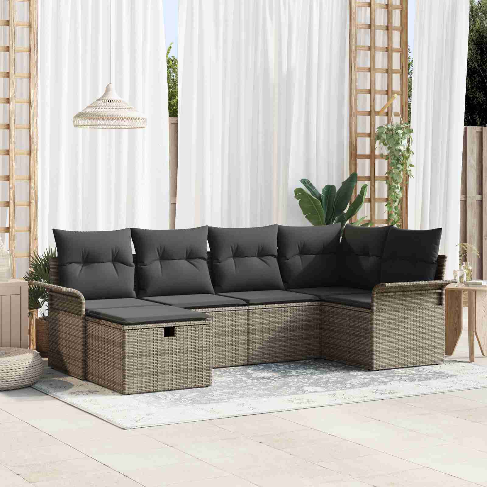 6-teiliges Garten-Sofa-Set mit Kissen Grau Poly-Rattan 6-teiliges Garten-Sofa-Set mit Kissen Grau Poly-Rattan