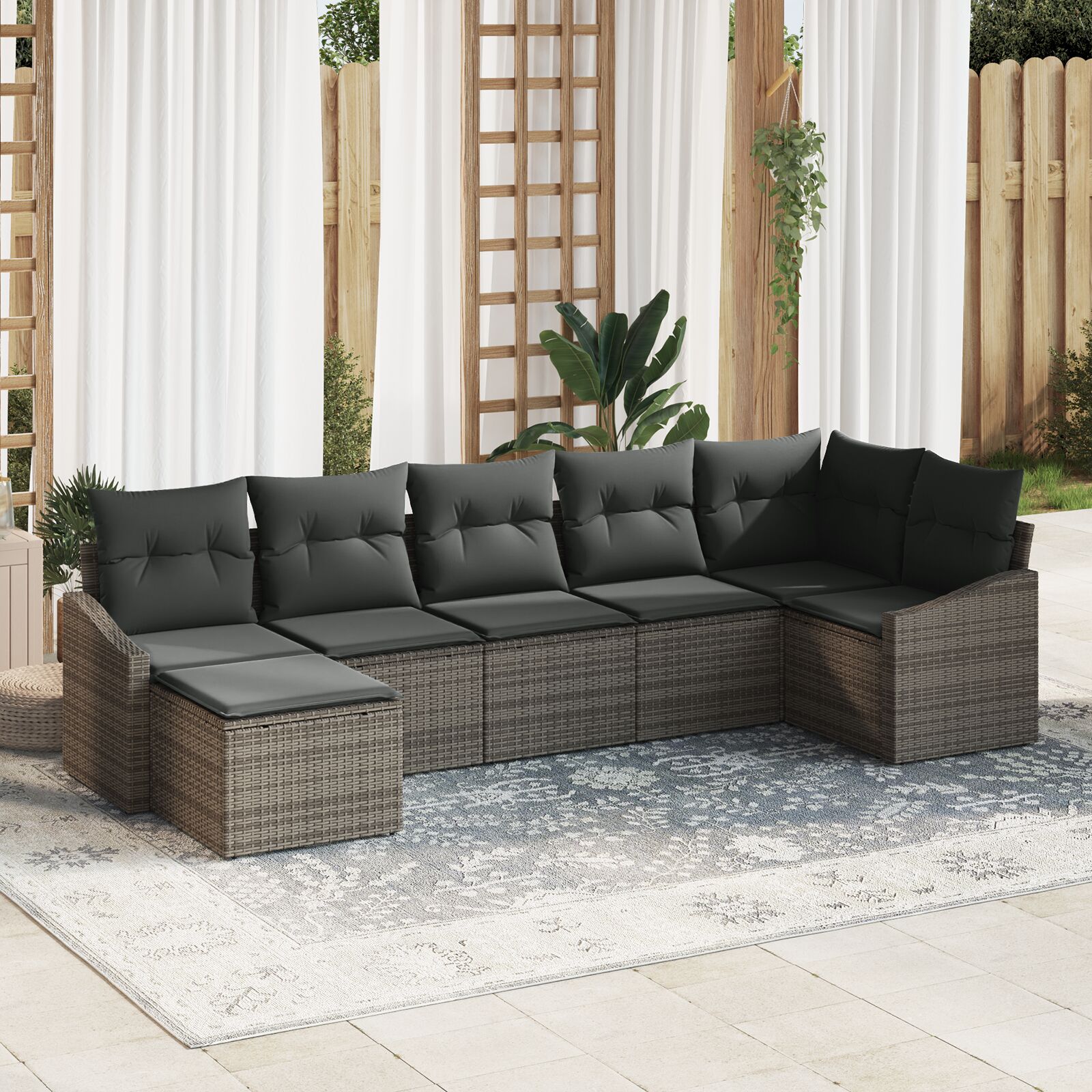7-teiliges Garten Sofa Set mit Kissen graues Poly Rattan 7-teiliges Garten Sofa Set mit Kissen graues Poly Rattan