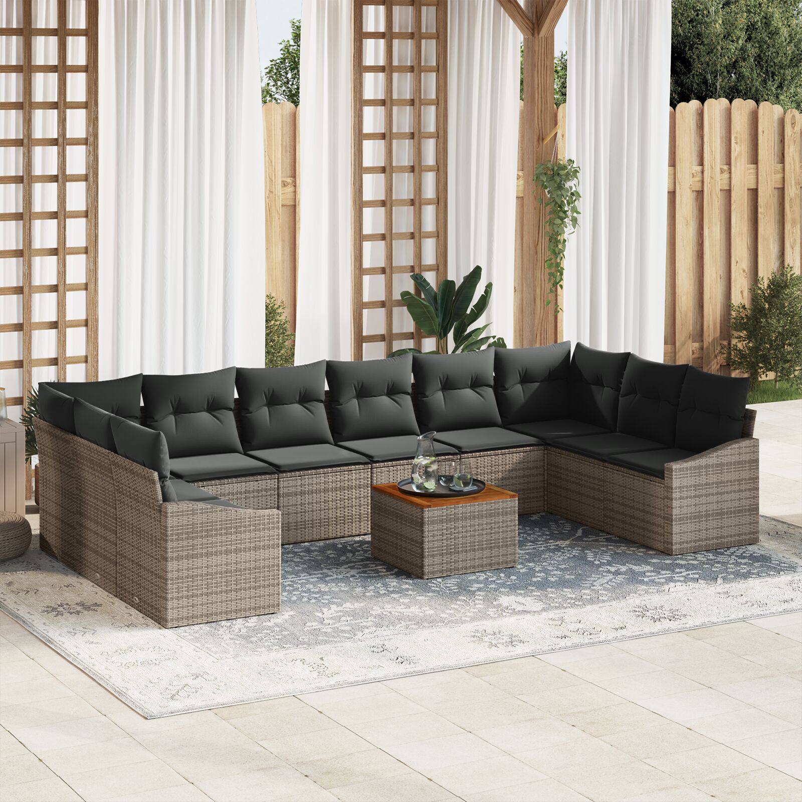 11-teiliges Garten Sofa Set mit Kissen Grau Poly Rattan Akazie